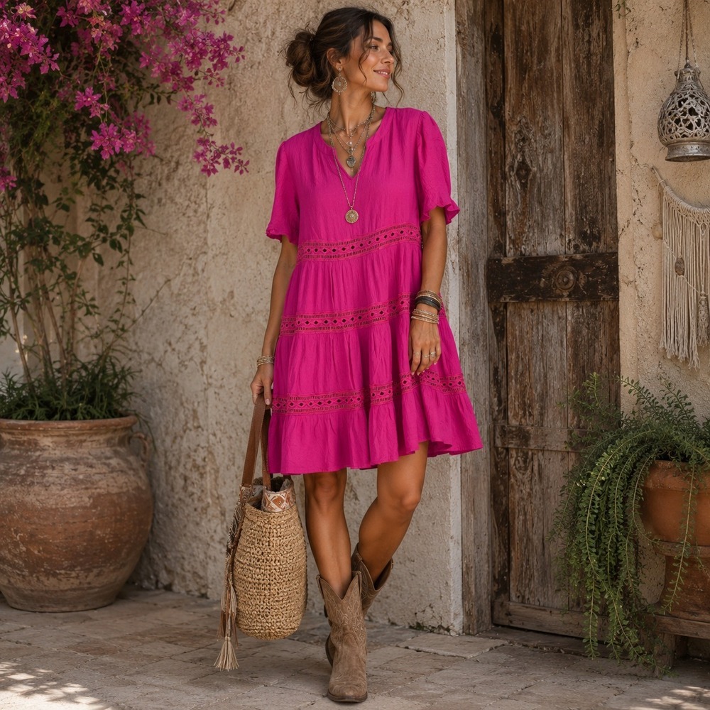 Kate & Sam Tiered Dress L Hot Pink Crochet Lace Boho‎ Babydoll Festival Chic